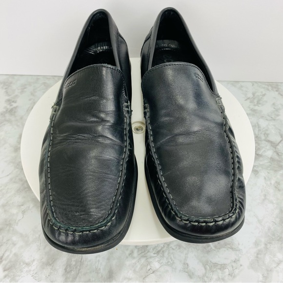 Ecco Black Leather Driving Loafer Mens 47 13 Moc Square Toe Slip On Arch Support - Picture 3 of 8